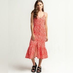 NEW Roxy floral Red Midi Dress beach dress sun dress flowy casual button front
